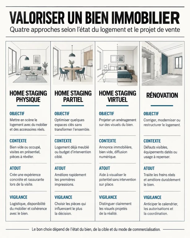 Comparaison des approches de home staging efficace physique, partiel, virtuel et rénovation