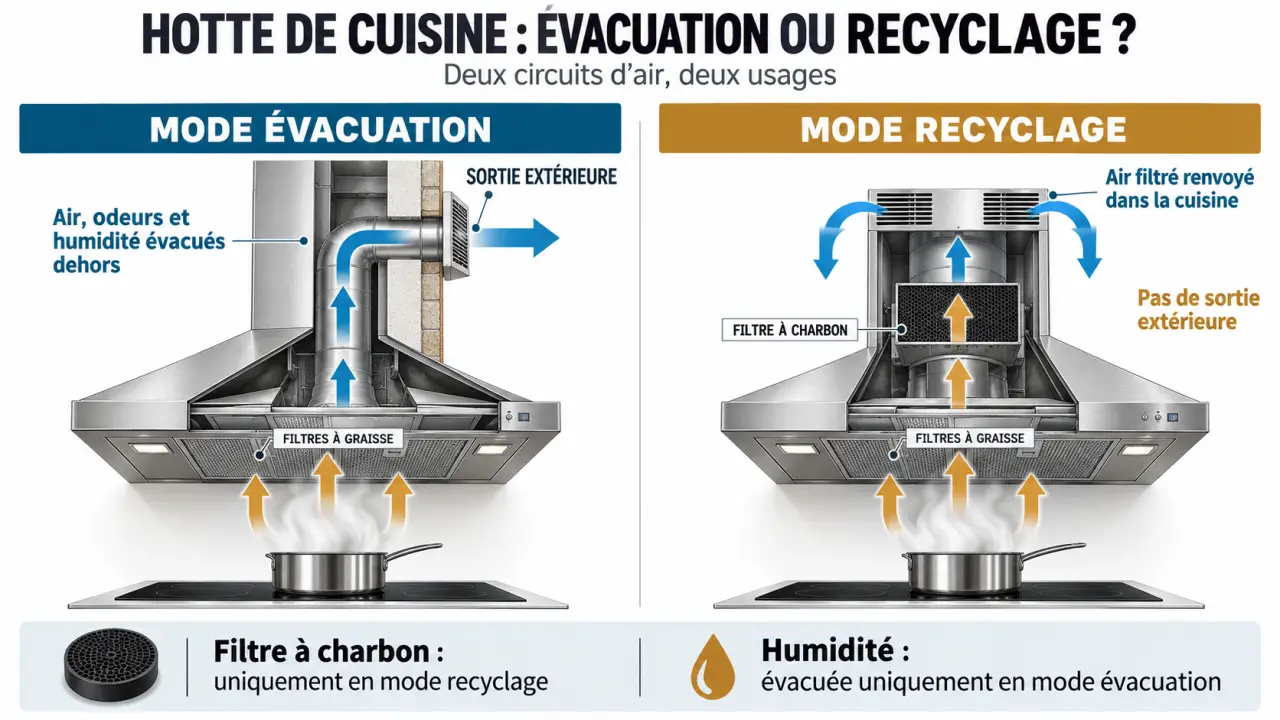 Schéma comparatif d’une hotte moderne cuisine en évacuation et en recyclage