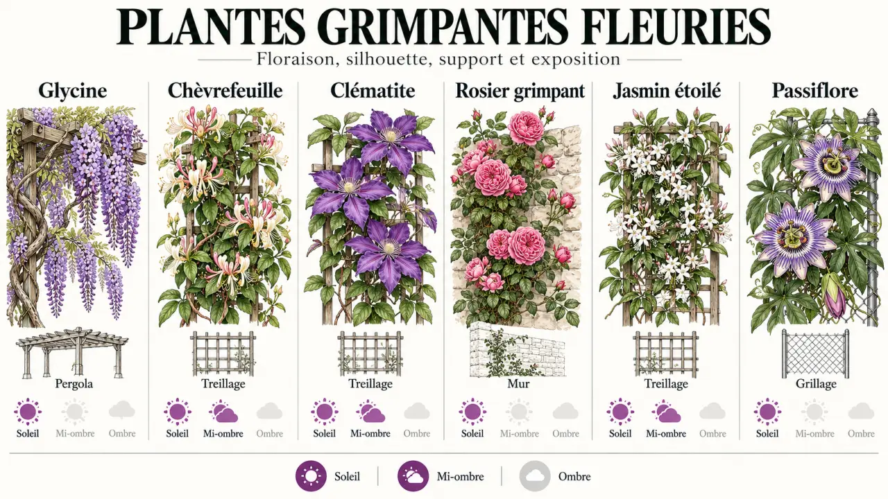 Plantes grimpantes fleuries comparées selon leur couleur, leur silhouette et leur support
