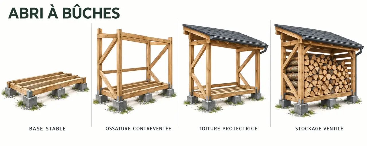&Eacute;tapes de fabrication d&rsquo;un abri buche fait maison avec base sur&eacute;lev&eacute;e, ossature et toiture inclin&eacute;e