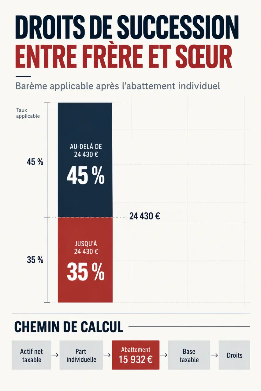 Infographie sur les droits de succession entre frère et sœur, l’abattement et les tranches d’imposition