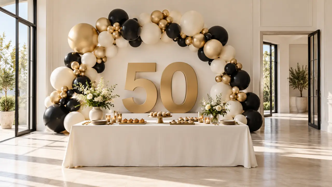 Déco 50 ans dans une salle avec buffet, ballons regroupés et passages dégagés
