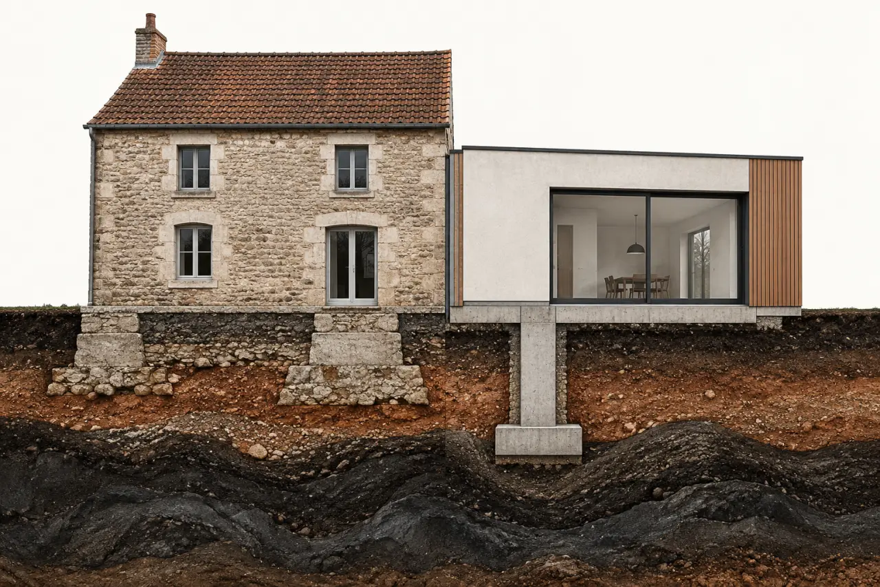 Schéma conceptuel d’une fondation extension maison et de sa jonction avec la construction existante
