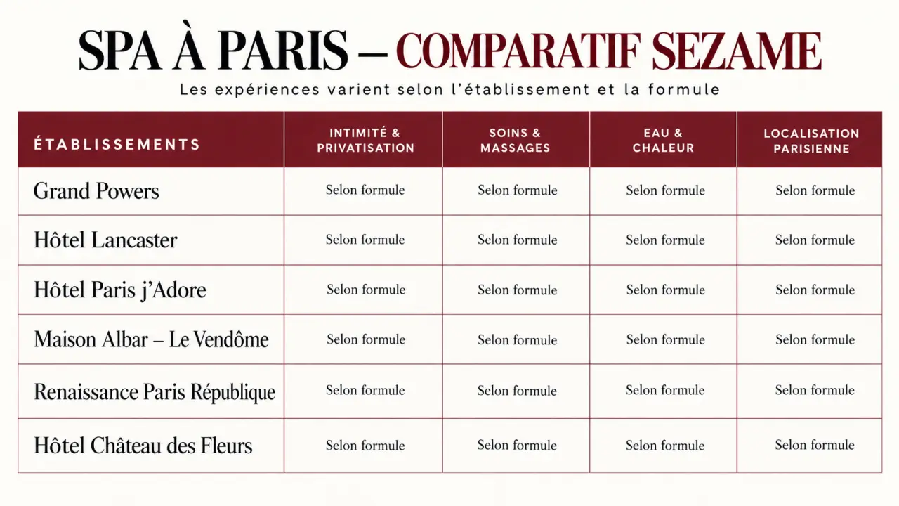 Visuel comparatif des expériences de sezame spa paris selon la privatisation, les soins, les équipements et la localisation