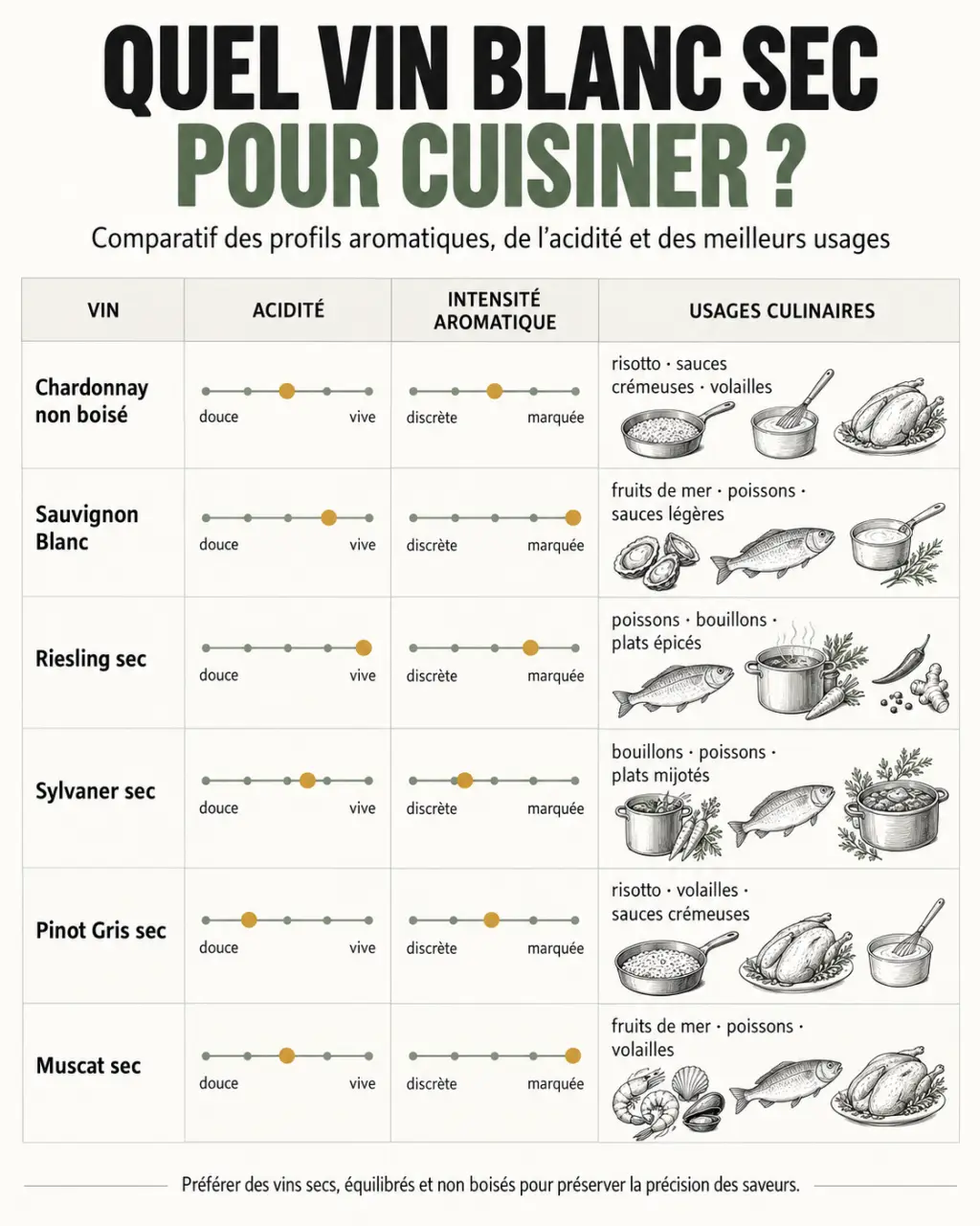 Vin blanc sec pour cuisiner : profils des cépages et plats recommandés