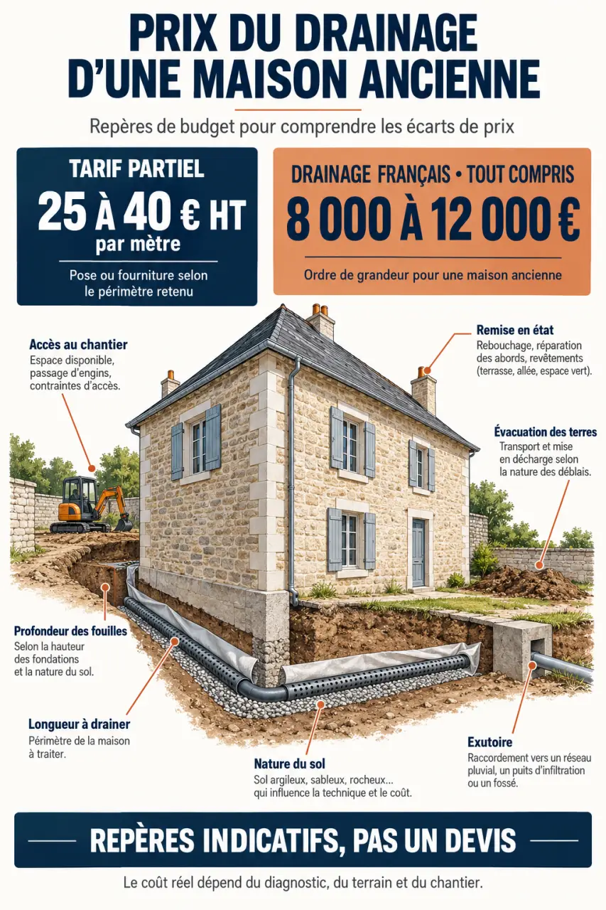 Infographie sur le prix du drainage maison ancienne et les facteurs qui font varier le devis