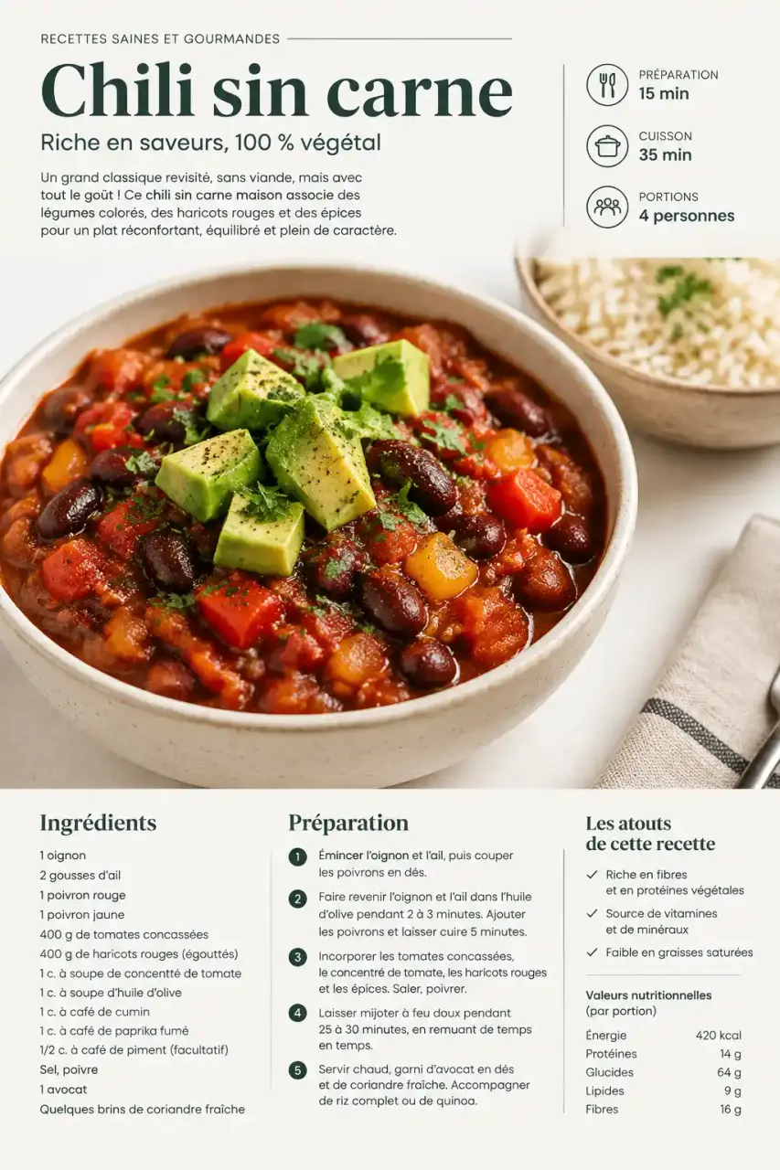 Recettes vegetariennes faciles : chili sin carne aux haricots rouges et aux poivrons