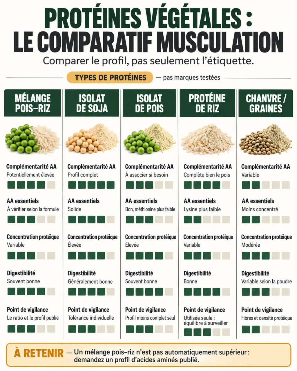 Infographie comparative des meilleures protéines végétales pour la musculation : pois-riz, soja, pois, riz et chanvre