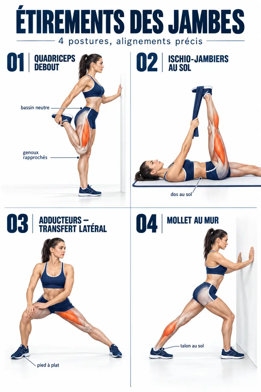 Étirements jambe : quatre positions pour les quadriceps, ischio-jambiers, adducteurs et mollets