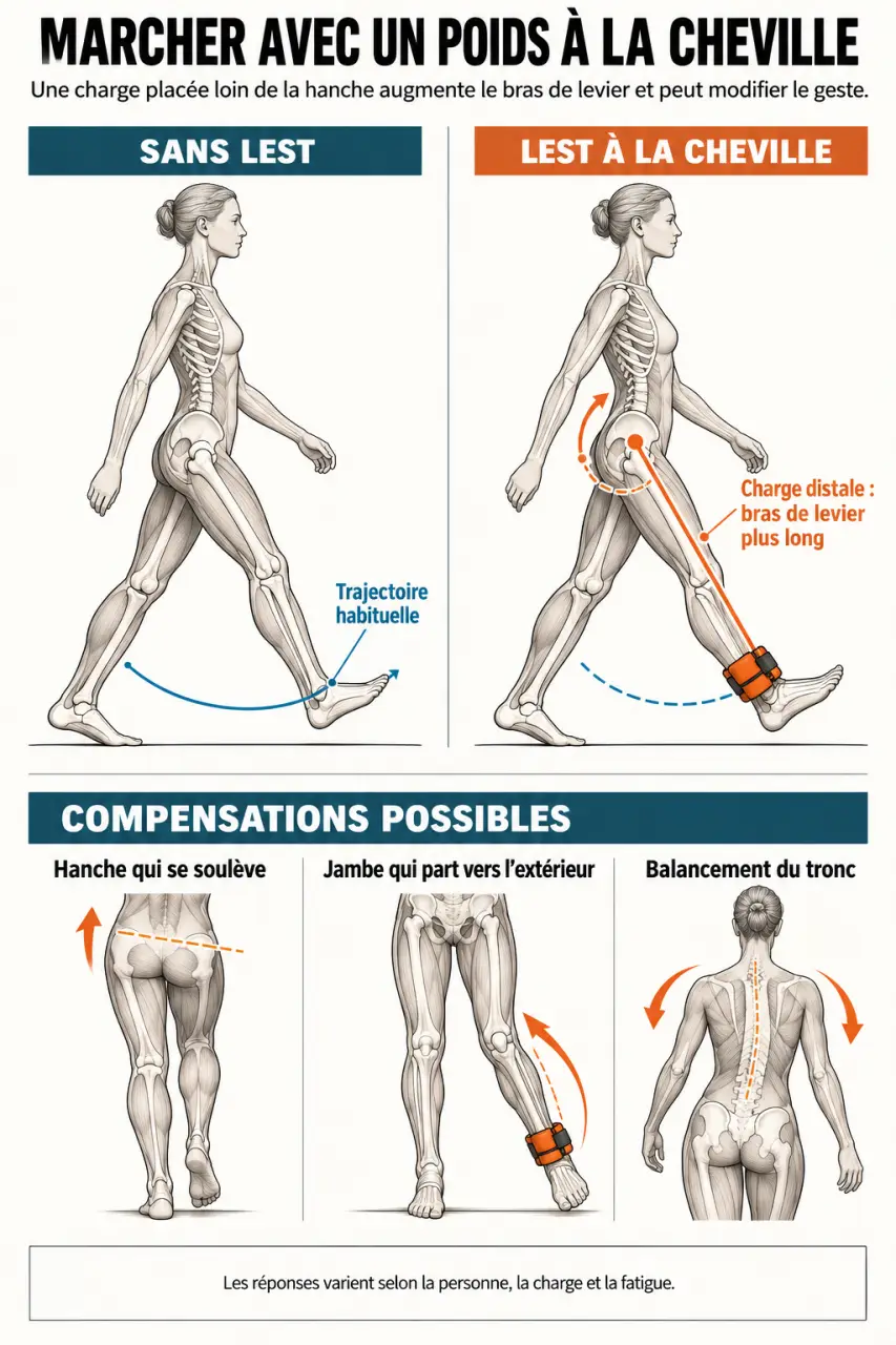 Infographie expliquant les effets de marcher avec des poids aux chevilles sur la démarche