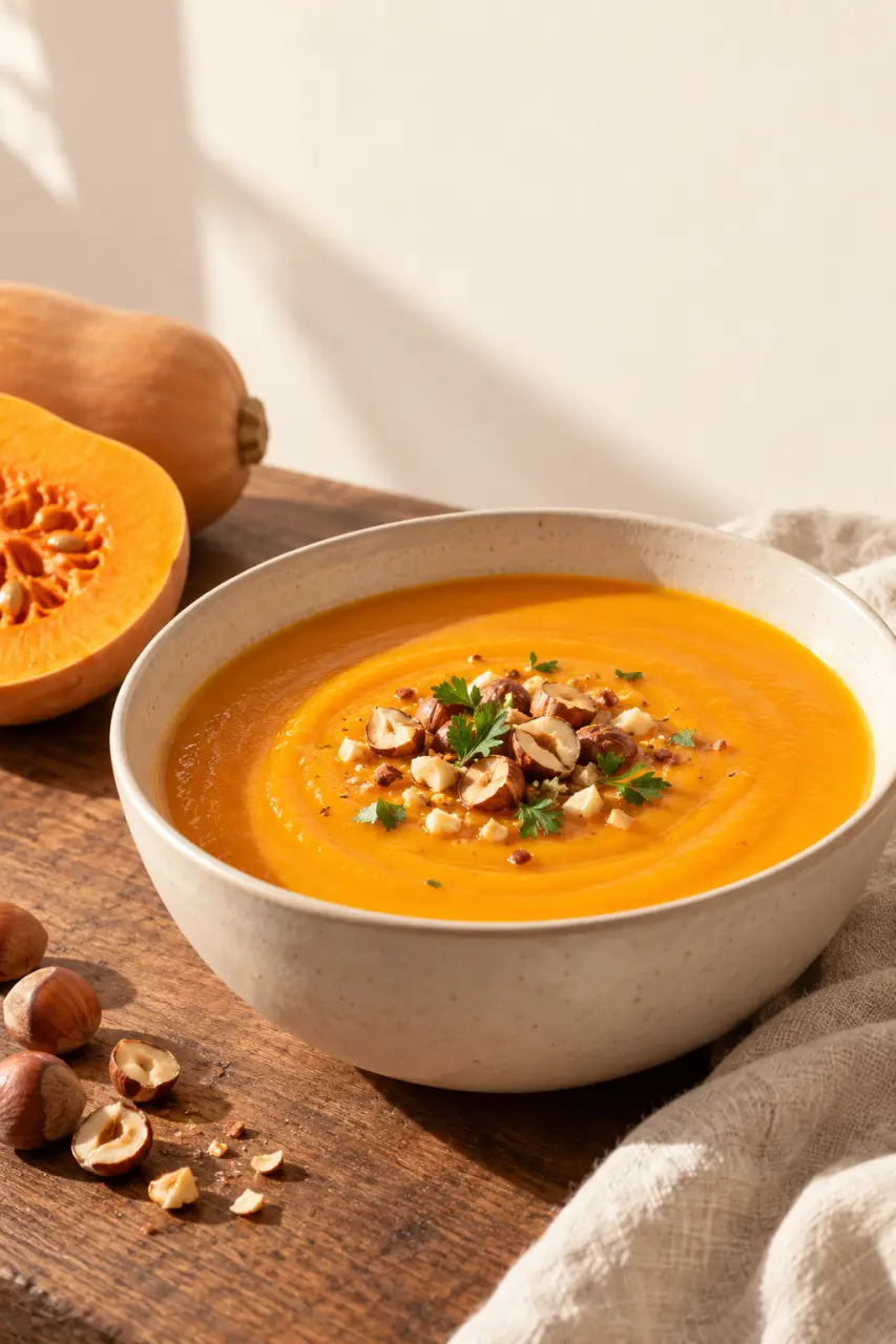 Entrée automne : velouté de butternut aux noisettes servi dans un bol clair