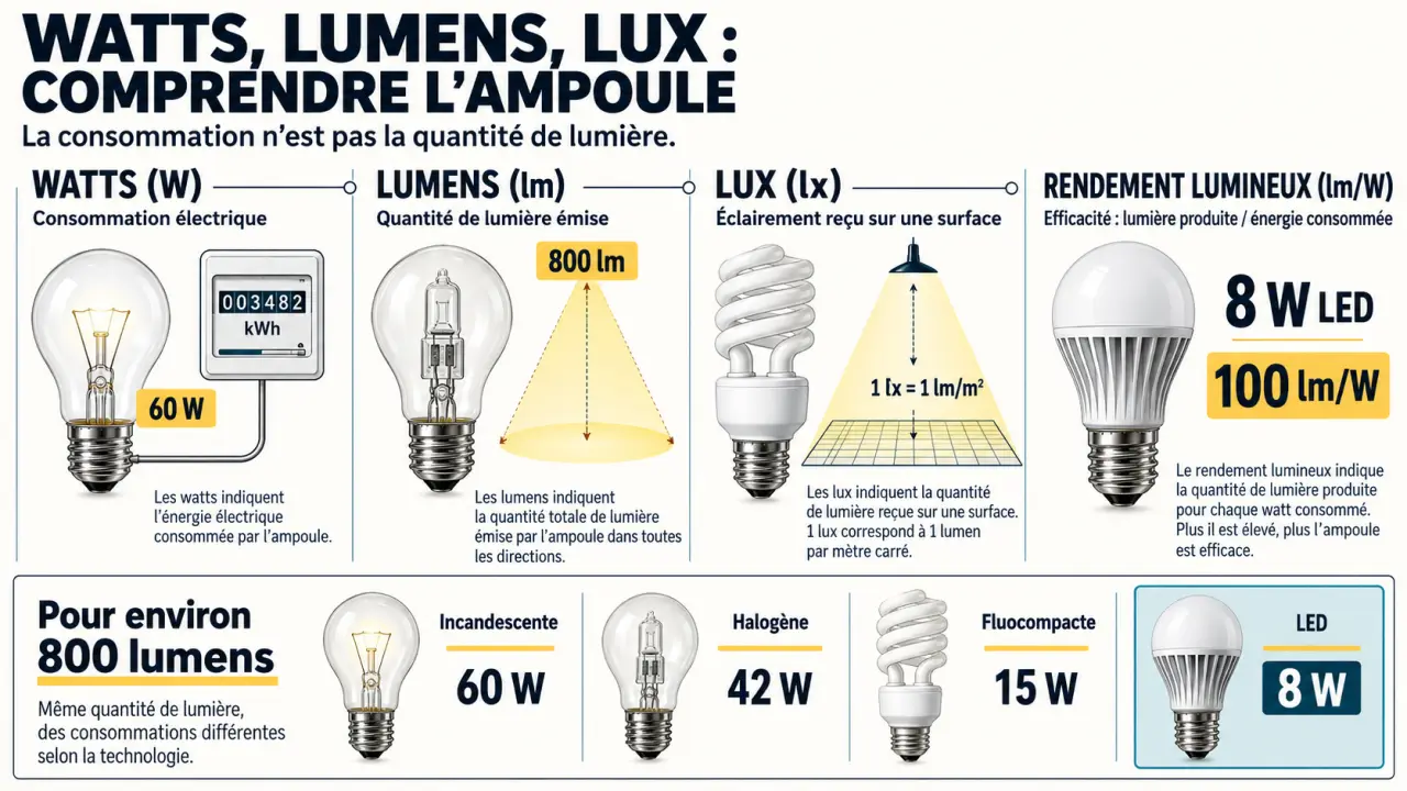 Puissance d’ampoule : comparaison entre watts, lumens, lux et rendement LED