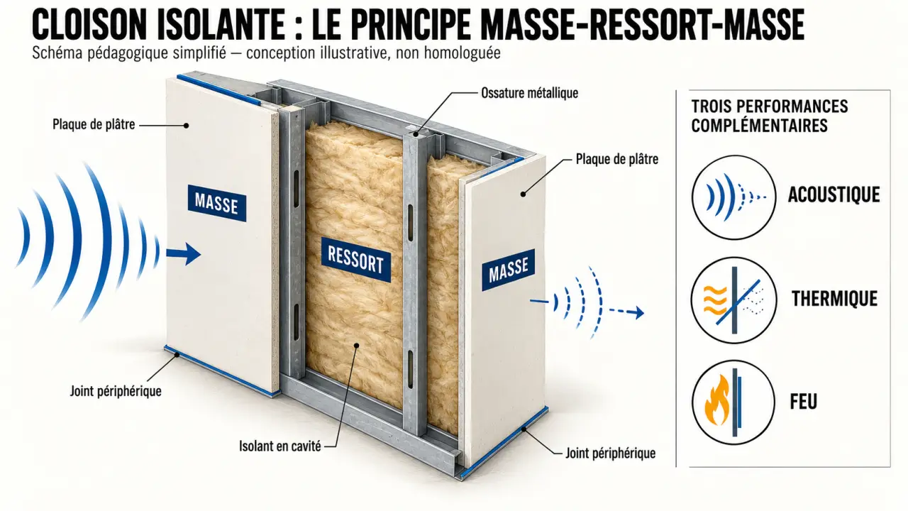 Schéma simplifié d'une cloison isolante en placo avec plaques, ossature métallique et isolant