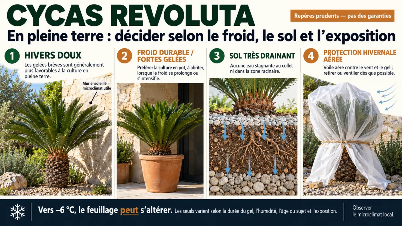 Infographie sur le Cycas revoluta en pleine terre, le drainage, le froid et la protection hivernale