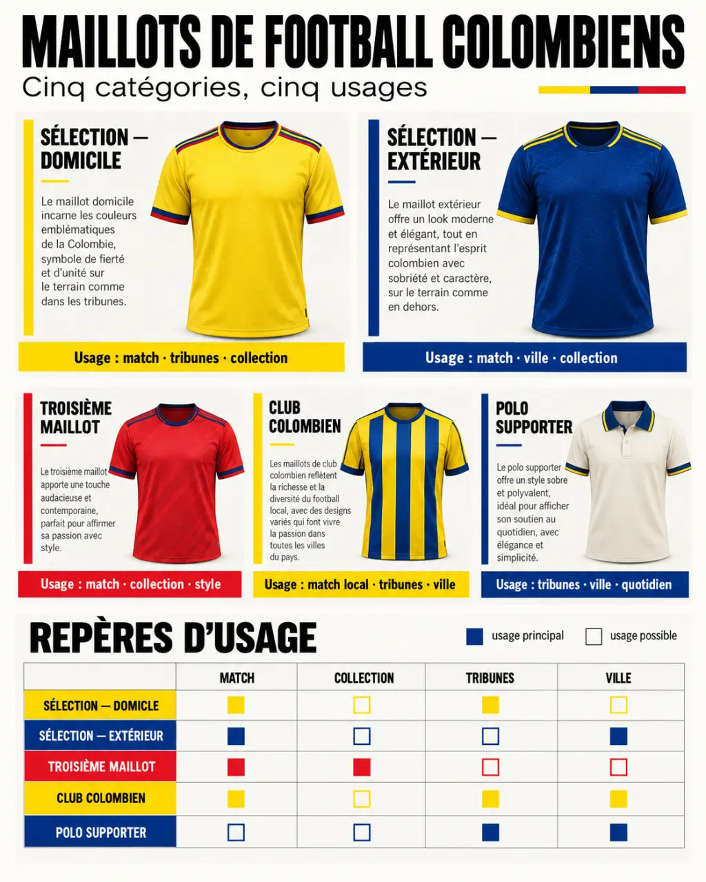 Infographie des différents maillots de football de la Colombie et de leurs usages
