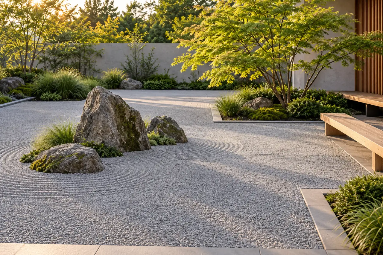 Décoration jardin zen avec gravier, érable du Japon et banc en bois