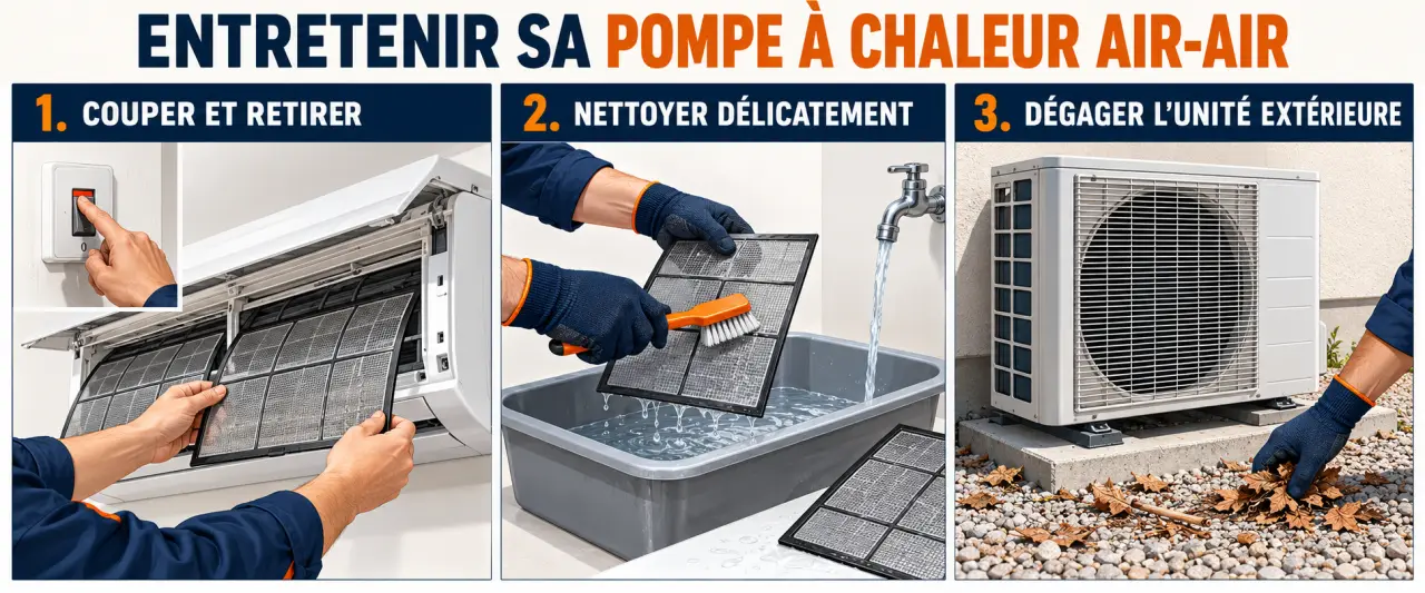 Entretien pompe a chaleur air air : nettoyage des filtres et dégagement de l’unité extérieure