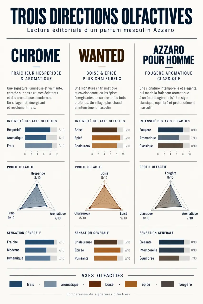 Infographie azzaro parfum comparant les univers Chrome, Wanted et Azzaro Pour Homme