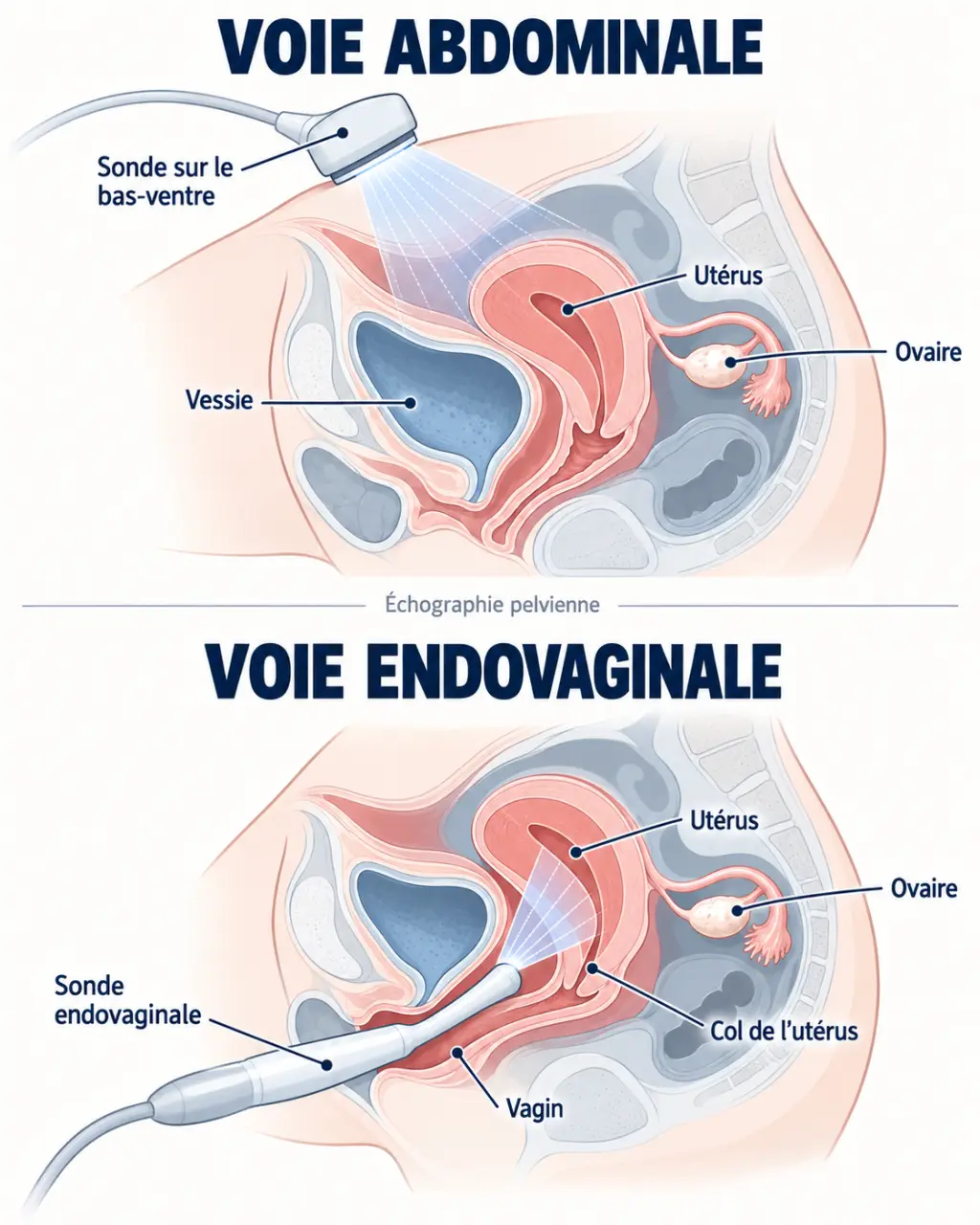 Schéma des voies abdominale et endovaginale d’une échographie pelvienne