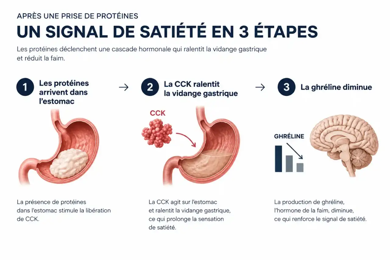Schéma du mécanisme de satiété : comment la whey protéine aide à la perte de poids via CCK et ghréline