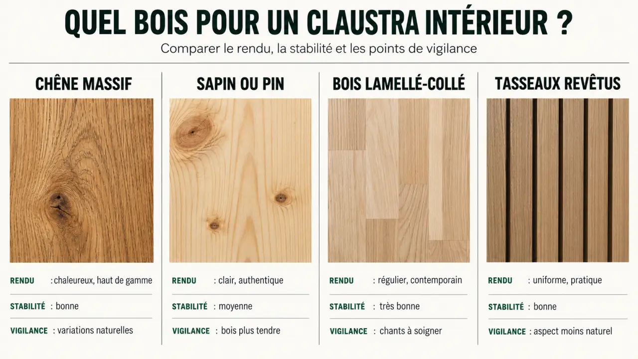 Comparaison du bois pour claustra : chêne, pin, lamellé-collé et tasseaux revêtus