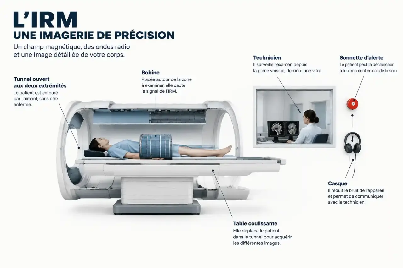 Schéma simplifié montrant comment se passe un IRM : table, tunnel, bobine et salle de commande