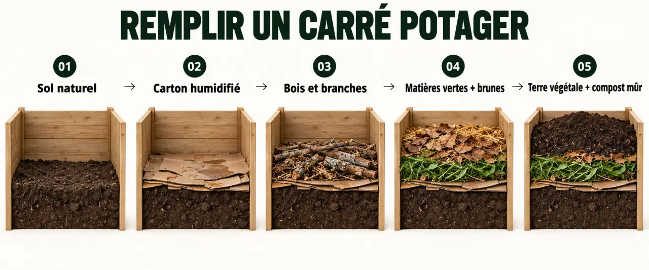Remplir un carré potager en permaculture avec des couches de carton, matières organiques, terre et compost