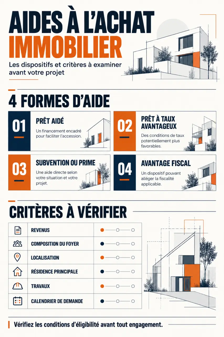 Infographie sur les aides à l’achat immobilier et leurs conditions d’accès