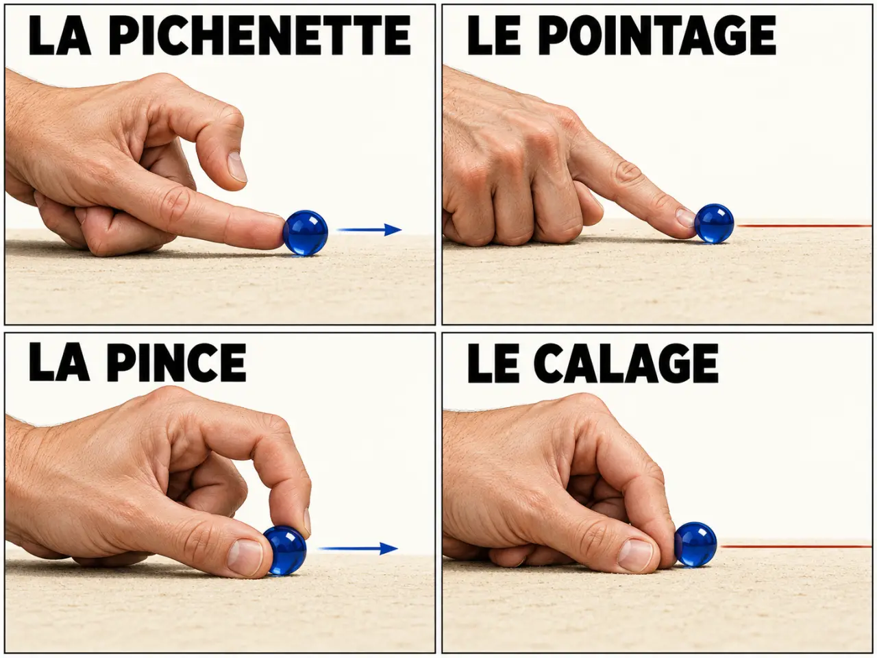 Jeux de billes règles : positions des doigts pour la pichenette, le pointage, la pince et le calage