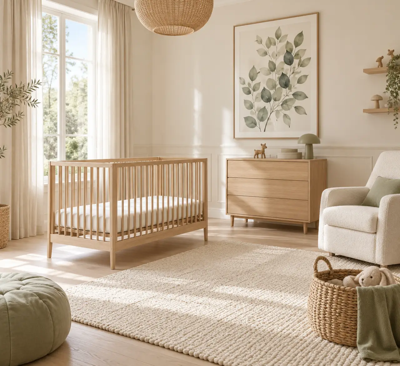 Idée de décoration chambre bebe sur le thème forêt et nature avec bois clair et vert doux