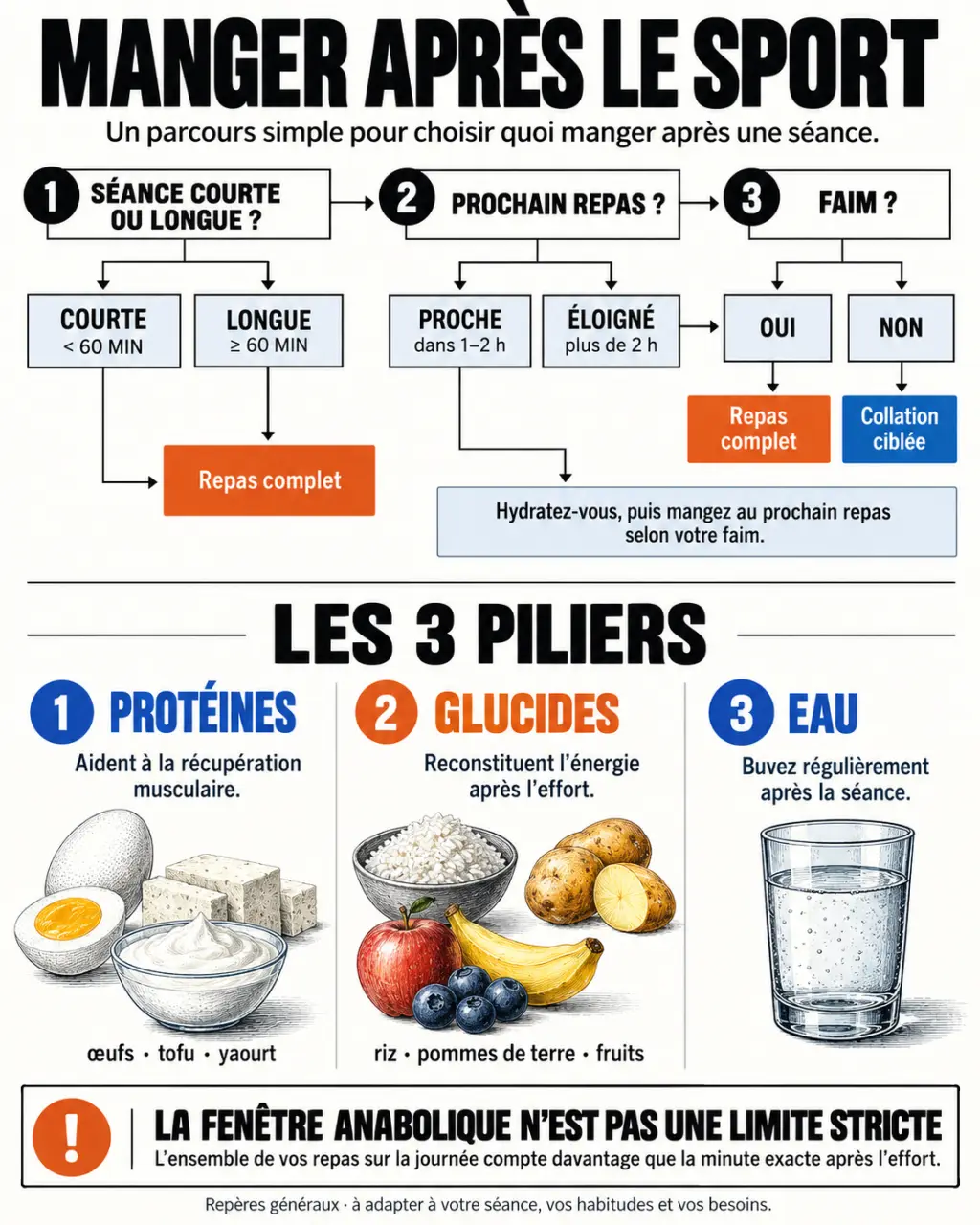 Infographie pour savoir quoi manger après le sport selon la séance, la faim et l’heure du prochain repas