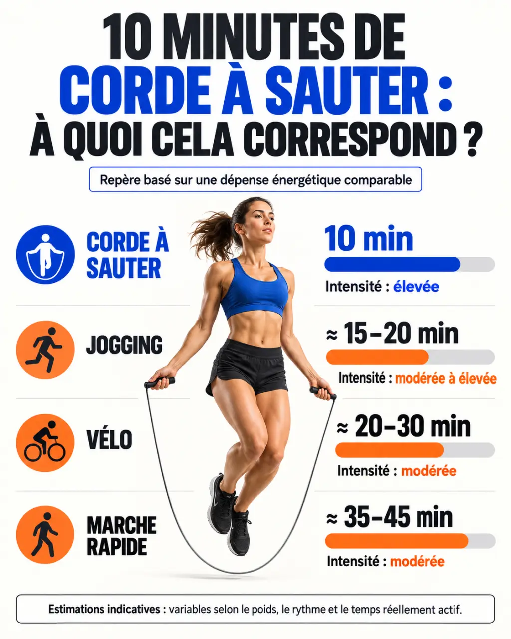 Infographie : 10 minutes de corde à sauter équivalent à combien de minutes de jogging, vélo ou marche