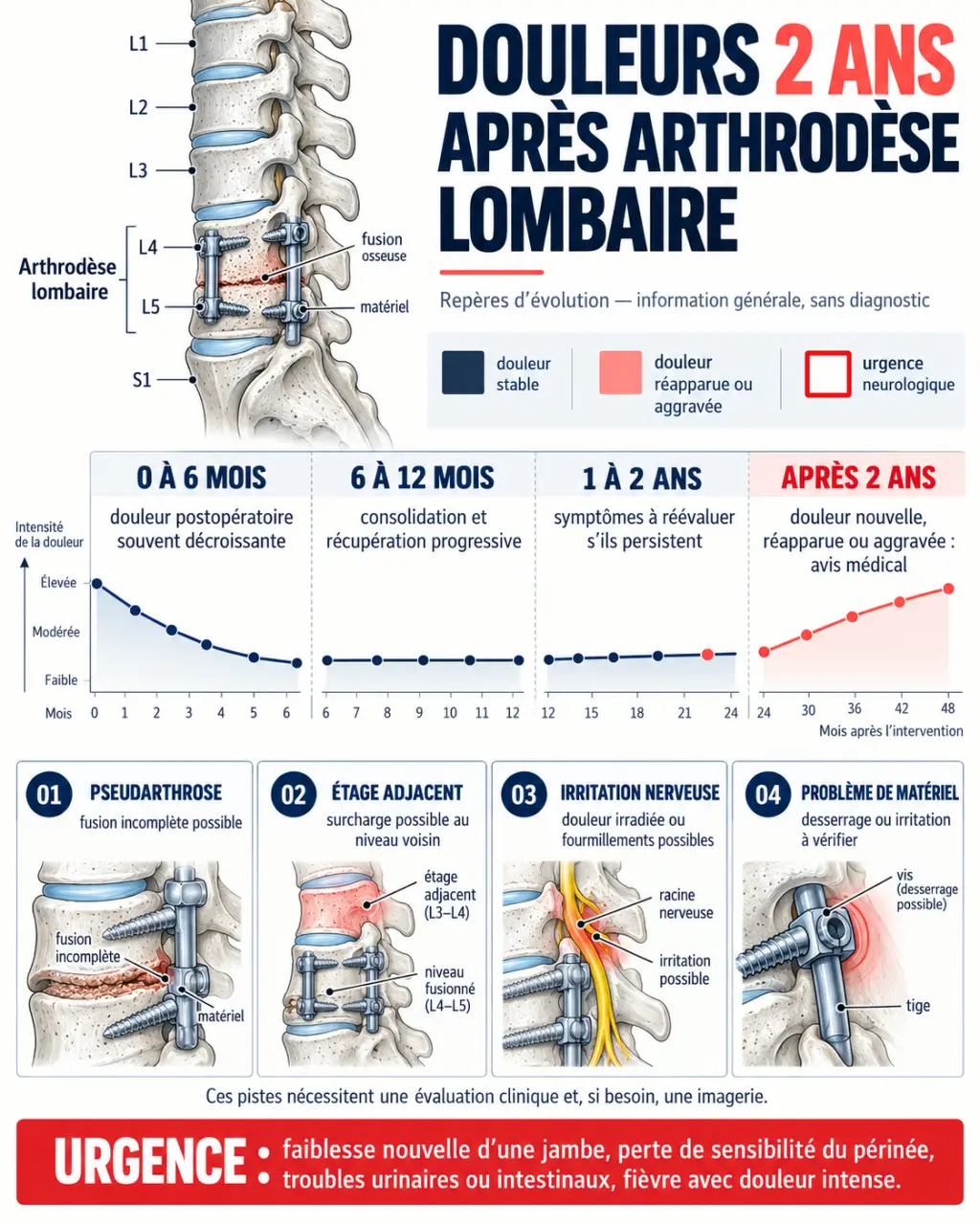 Douleurs 2 ans après arthrodèse lombaire : chronologie, causes possibles et signaux d’alerte