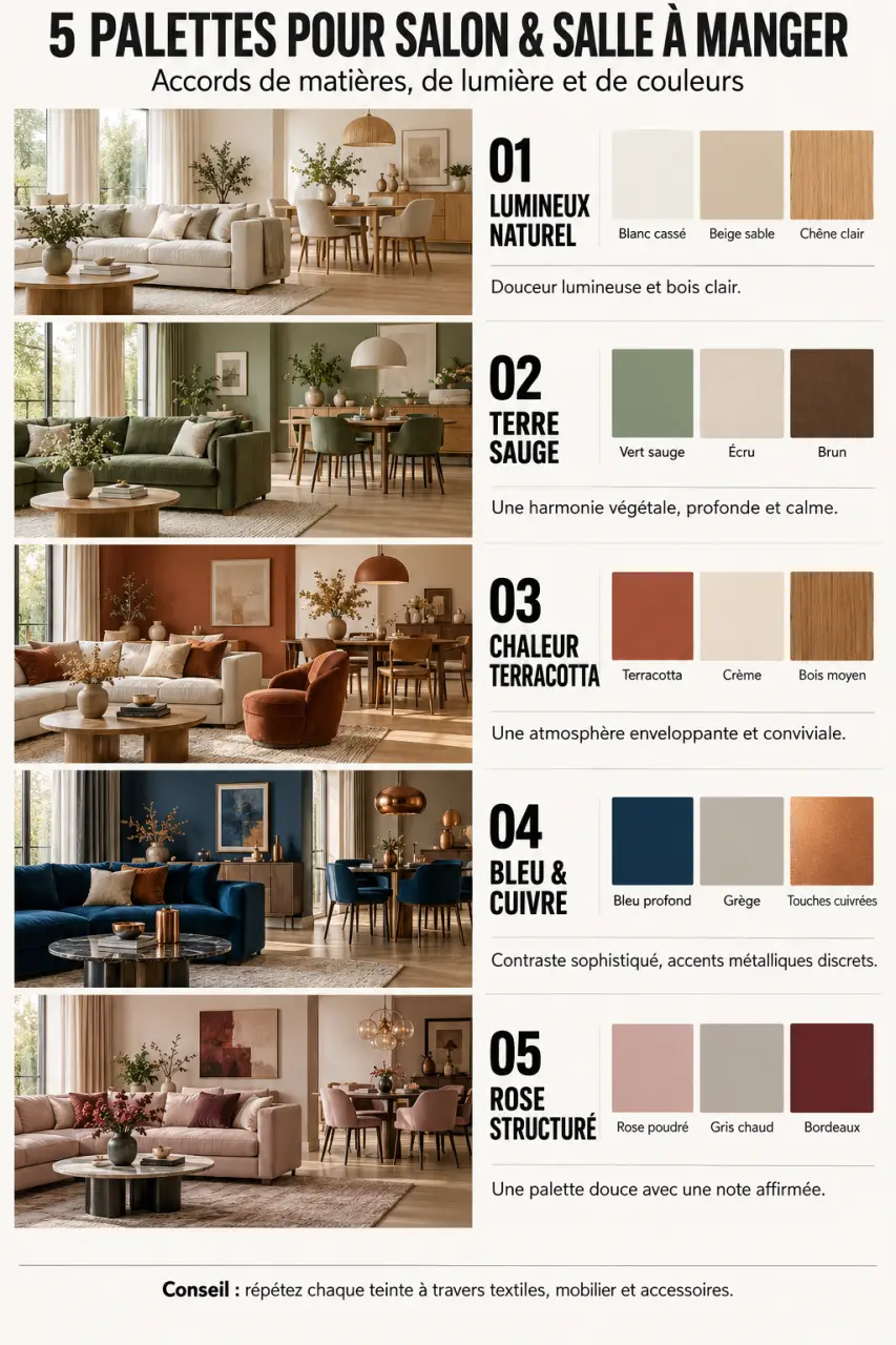 Infographie de palettes de couleur pour salle à manger et salon avec ambiances et associations de teintes