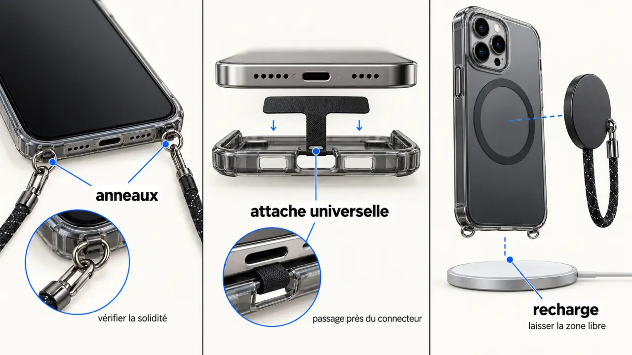 Schéma des systèmes de fixation et de compatibilité d’une chaîne de téléphone avec une coque