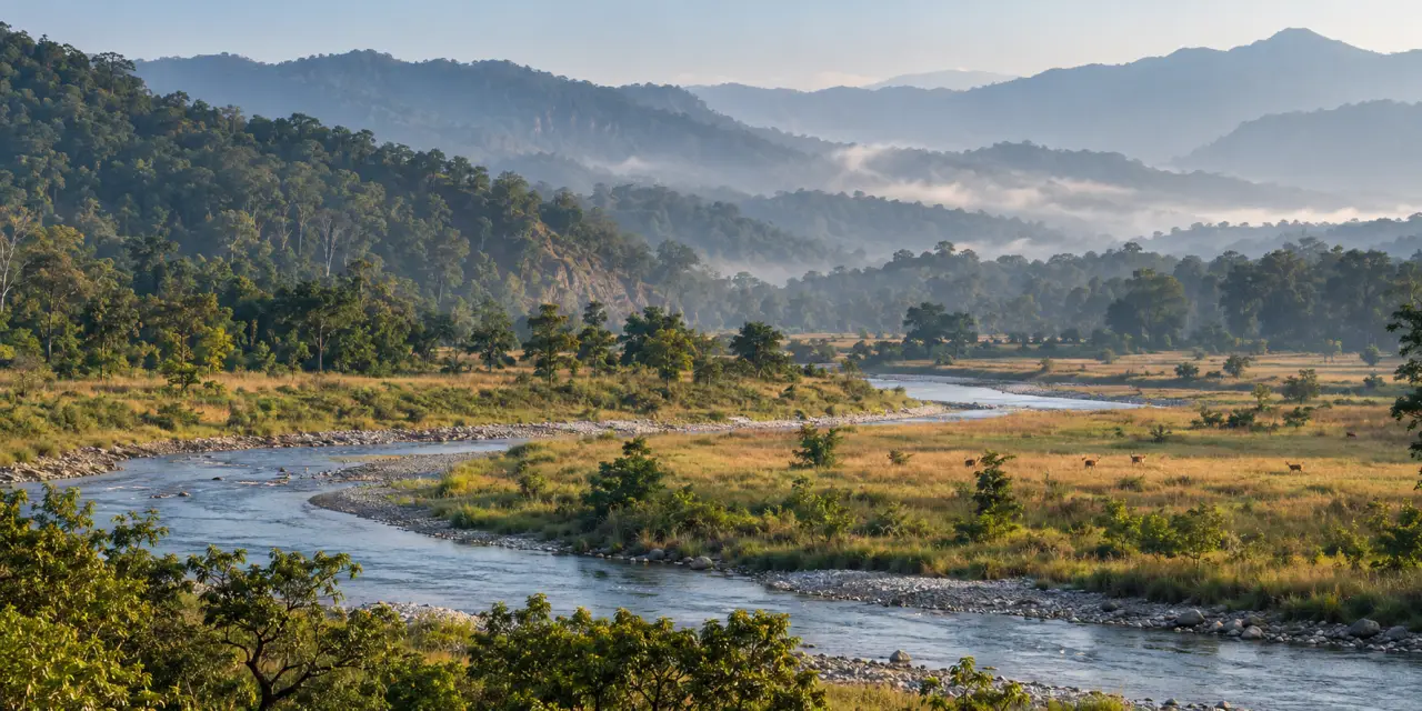 Paysage du parc national Jim Corbett avec la rivière Ramganga et les prairies chaurs