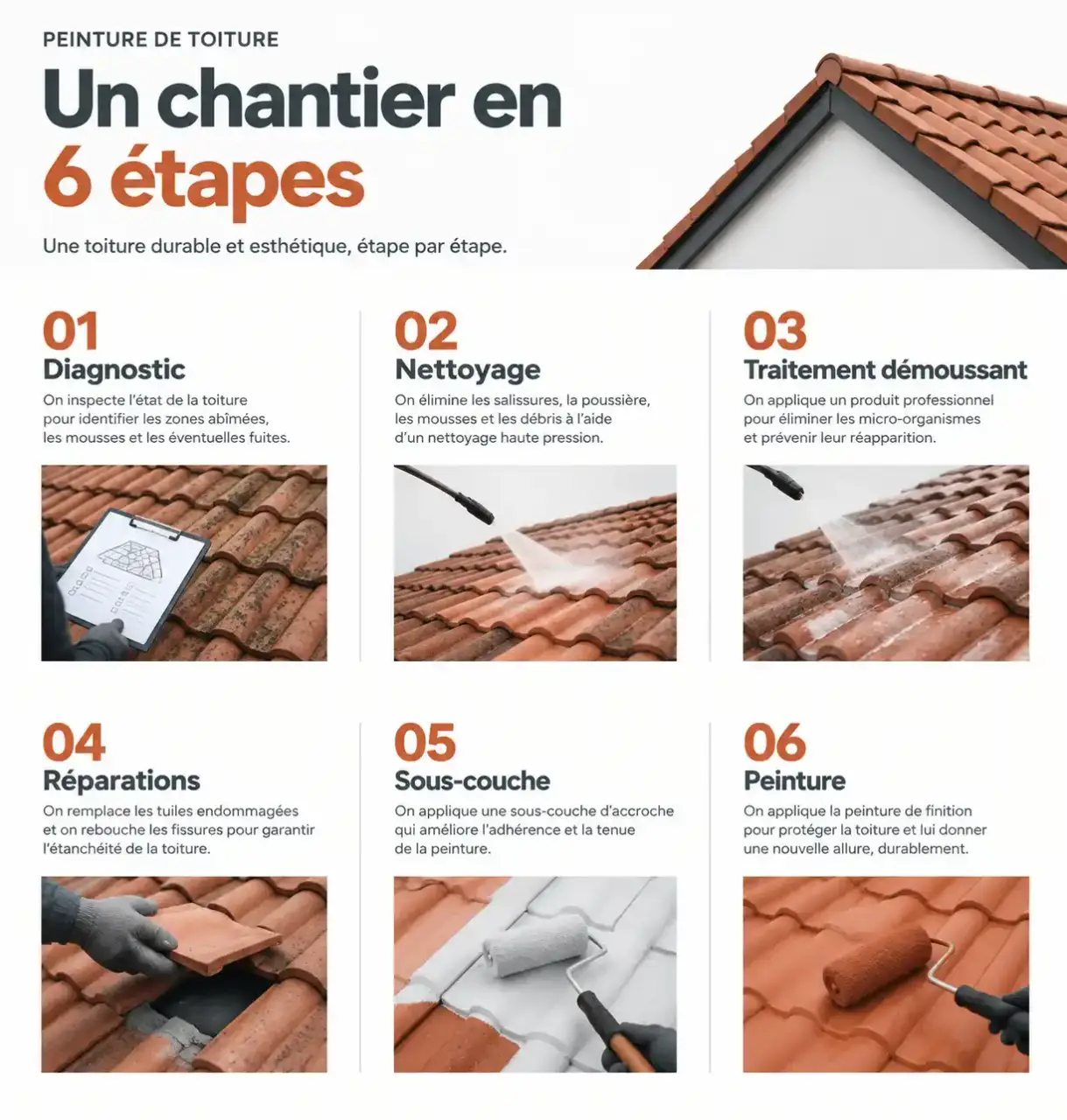 Les étapes pour peindre une toiture : diagnostic, nettoyage, traitement, réparation, sous-couche et peinture