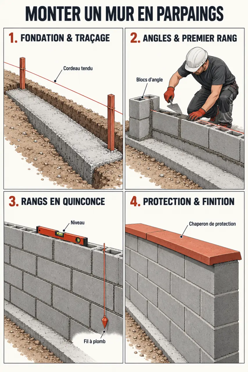 Étapes pour monter un mur en parpaing avec fondation, première rangée et pose en quinconce