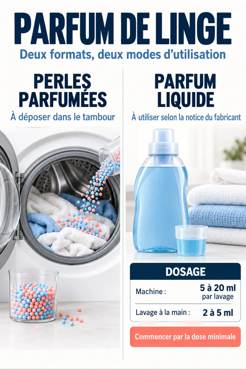 Infographie sur le parfum de linge liquide et les perles parfumées avec repères de dosage